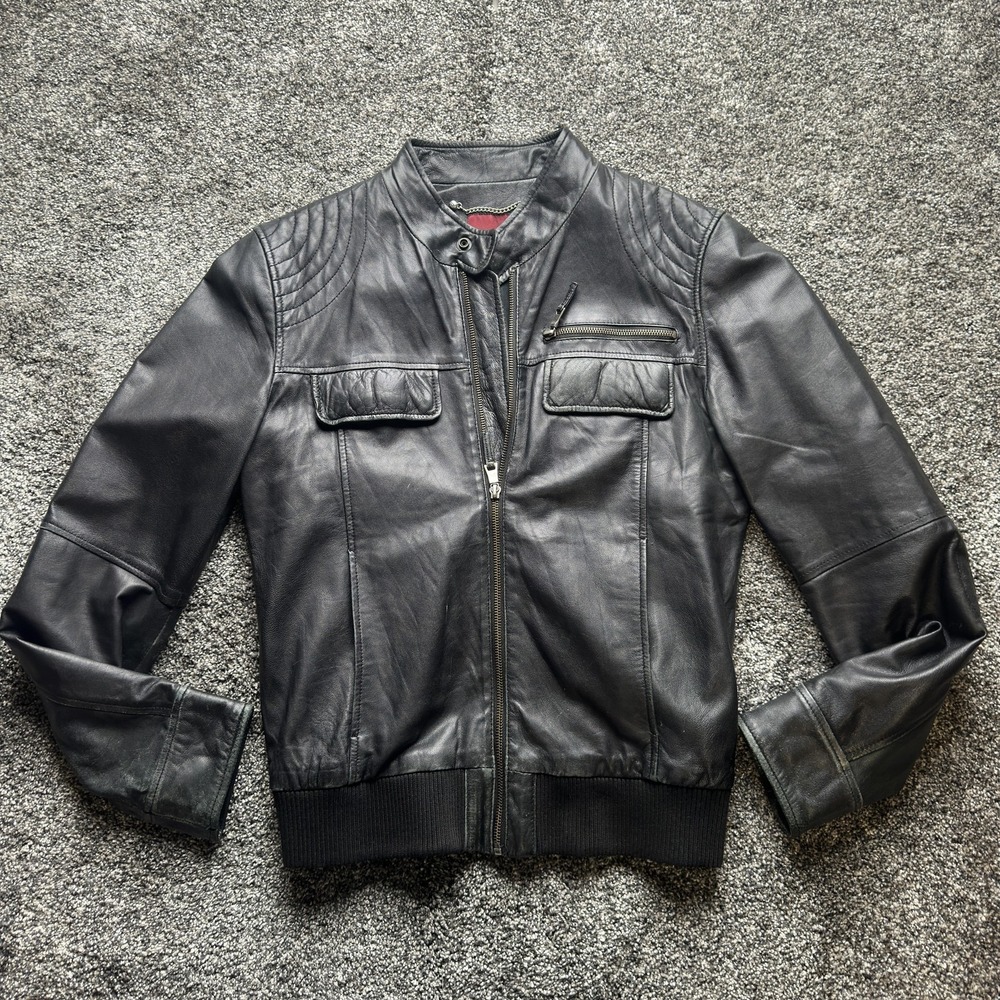 Zara Man Jacket Womens M Black Leather Bomber Quilted Collared Full Zip